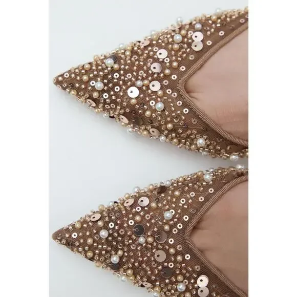 ZARA NWT Mesh Beaded Slingback Heel Light Brown Women's 38/US 7.5 - Picture 8 of 8